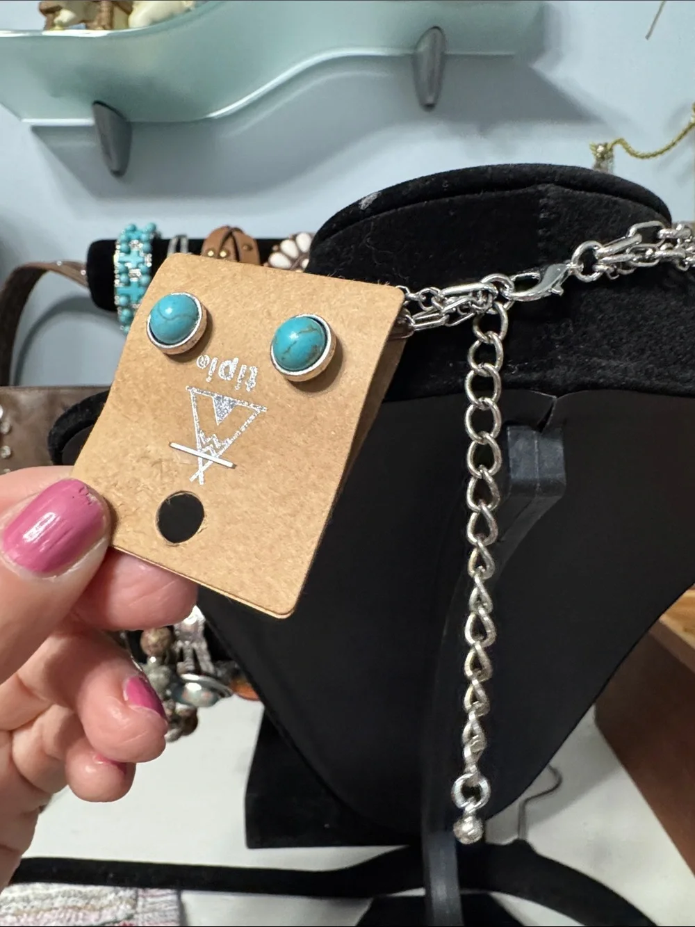 Triple-Layer Turquoise Stone Necklace Set with Matching Studs
